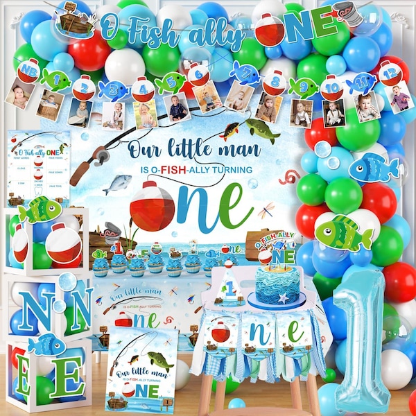 Decoración de cumpleaños de Ofishally One, guirnalda de globos y cajas para bebé con el telón de fondo "Gone Fishing" para el primer cumpleaños, pancarta con foto de Ofishally One