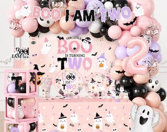 Halloween 2nd Birthday Decorations, Baby Box with Letters, Boo I’m Two Backdrop, Pink Balloon Garland, Tableware Serves 24