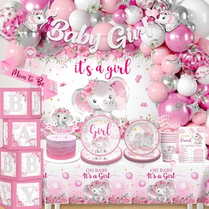 Elephant Baby Shower Decorations, Baby Box with Letters, It's a Girl Backdrop, Pink Balloon Garland, Baby Girl Banner, Tableware Serves 20