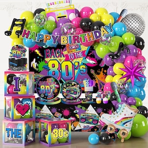 May include: A vibrant 80s-themed party decoration set. Includes balloons, cake, plates, and boxes with the text "HAPPY BIRTHDAY" and "BACK TO THE 80'S". Features a boombox, roller skate, and musical notes. Colors include pink, yellow, green, and blue.