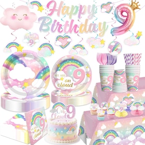 May include: A 9th birthday party supply set featuring rainbow, cloud, and heart motifs. Includes plates, cups, napkins, a cake topper, a tablecloth, and hanging decorations. The text "Happy Birthday" and "We are on cloud 9" appear throughout.