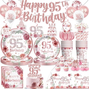 May include: A collection of rose gold and pink party supplies for a 95th birthday celebration. Includes balloons, plates, cups, napkins, cake toppers, and a banner that reads "Happy 95th Birthday". Floral and glitter accents.