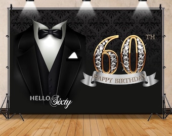 60th Birthday Banner Backdrop Decorations for Men Black Tuxedo Suit Happy 60 Year Old Birthday Decor Photo Booth Props 60th Party Supplies