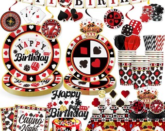 Casino Birthday Tableware Set, Casino Poker Games Night Birthday Banner, Plates, Napkins, Cups Tablecloth Disposable Dinnerware Serves 25
