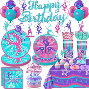 Gymnastics Birthday Tableware Set, Girls Gymnastics Theme Birthday Banner Plates, Napkins, Cups Tablecloth Disposable Dinnerware Serves 20