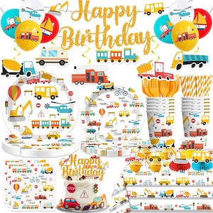 May include: A colorful birthday party set with a construction theme. Includes balloons, plates, cups, straws, and a cake topper. The decorations feature images of trucks, trains, and construction vehicles. The words "Happy Birthday" are displayed.