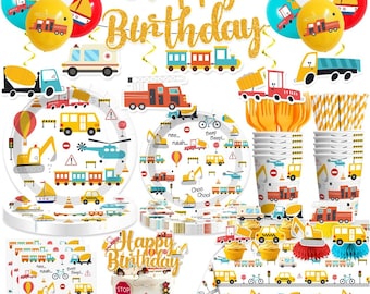 Transportation Birthday Tableware Set, Cars Truck Theme Birthday Banner Plates, Napkins, Cups Tablecloth Disposable Dinnerware Serves 25