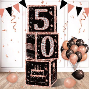 50th Birthday Balloon Boxes for Women 3pcs, Black and Rose Gold 50th Birthday Party Supplies, 50 Year Old Birthday Theme Cardboard Box Decor