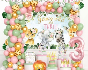 3. Geburtstag Deko-Set Safari, „Young Wild And Three“ – Ballons, Girlanden, Blätter In Rosa & Salbeigrün