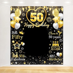 50th Birthday Banner Backdrop Decorations for Women Black and Gold Happy 50 Year Old Birthday Decor Photo Booth Props 50th Party Supplies
