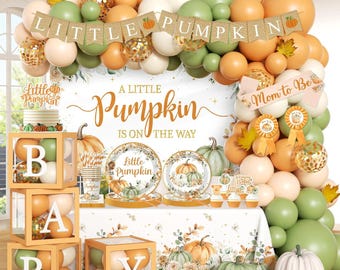 Little Pumpkin Baby Shower Decorations, Baby Box with Letters, A Little Pumpkin is On The Way Backdrop, Balloon Garland, Tableware Serves 20