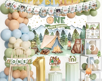 One Happy Camper Birthday Decoration, Camping 1st Birthday Backdrop Balloon Garland and Baby Boxes, Boys Happy Camper First Birthday Decor