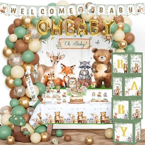 Woodland Baby Shower Decorations, Baby Box with Letters,  Forest Animal Neutral Baby Shower Backdrop, Woodland Animals Balloon Garland