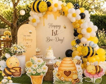Large Bee Cardboard Cutouts and Balloon Garland, Bee Birthday Baby Shower Backdrop Standup Signs, Little Honey Is On The Way, Bee-Day Party