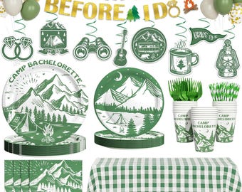 Camp Bachelorette Party Tableware Set, Cabin Crew Before I Do Plates, Napkins, Cups, Tablecloth Disposable Dinnerware Serves 24