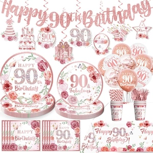 May include: A collection of party supplies for a 90th birthday celebration. The set includes plates, napkins, balloons, cups, and decorations in shades of pink and rose gold, with floral and butterfly accents. The text "Happy 90th Birthday" is visible.