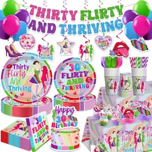 Thirty Flirty and Thriving Birthday Tableware Set, 30 Flirty and Thriving Banner Plates, Napkins, Cups Tablecloth Disposable Dinnerware