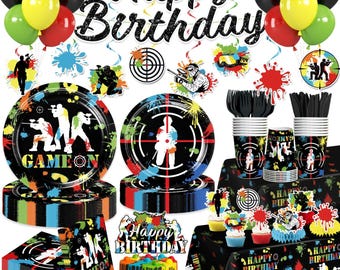 Paintball Birthday Tableware Set, Paintball Game Party Banner Plates, Napkins, Cups Tablecloth Disposable Dinnerware Serves 25