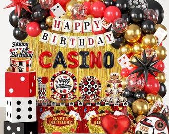 Casino Birthday Decorations, Dice Boxes, Casino Poker Game Night Birthday Backdrop, Black Red Balloon Garland, Tableware Serves 25