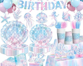Mermaid Birthday Tableware Set, Girls Under the Sea Birthday Banner Plates, Napkins, Cups Tablecloth Disposable Dinnerware Serves 25