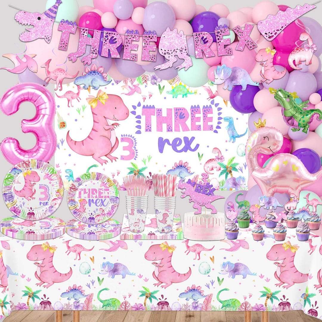 Three Rex Birthday Decorations, Girls Dinosaur 3rex Backdrop Balloon ...
