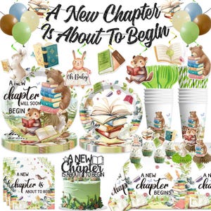 May include: A collection of party supplies with a book theme. Includes plates, cups, napkins, cake toppers, and balloons. The text "A New Chapter Is About To Begin" is visible throughout the design, along with illustrations of bears, rabbits, and books.