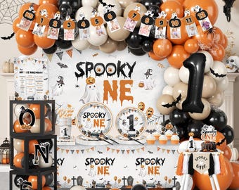 Halloween Spooky One Birthday Decorations, Baby Box with Letters, Halloween 1st Birthday Backdrop, Balloon Garland, Tableware Serves 24