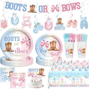 May include: A collection of baby shower decorations in pink and blue, featuring the theme "Boots or Bows." Includes plates, cups, cutlery, cupcake toppers, and a banner. The design incorporates cowboy boots and bows, with text that reads "Boy or Girl."