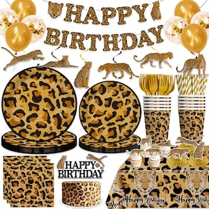 May include: A leopard print birthday party set with plates, cups, napkins, and a banner that says "Happy Birthday." The set includes gold balloons and decorative leopard cutouts. The cake has a leopard print design.