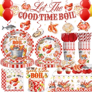 Crawfish Boil Birthday Party Tableware Set, Let The Good Times Boil Banner Plates, Napkins Cups Tablecloth Disposable Dinnerware Serves 25
