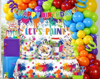 Paint Party Birthday Decorations, Balloon Box with Letters, Let's Paint Backdrop, Colorful Balloon Garland, Tableware Serves 25