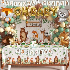 Woodland Animals Backdrop Balloon Garland Tablecloth Woodland Themed Sage Green Brown Balloons Neutral Forest Animal Baby Shower Decorations