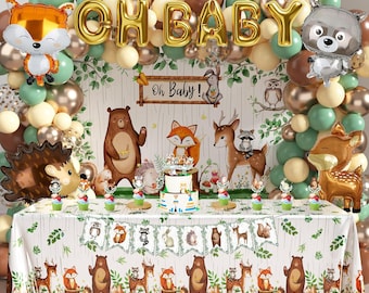Woodland Animals Backdrop Balloon Garland Tablecloth Woodland Themed Sage Green Brown Balloons Neutral Forest Animal Baby Shower Decorations