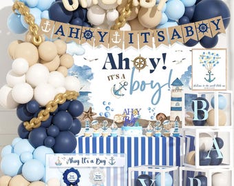 Nautical Baby Shower Decorations, Baby Box with Letters, Ahoy It’s a Boy Backdrop, Balloon Garland, Sash and Badges