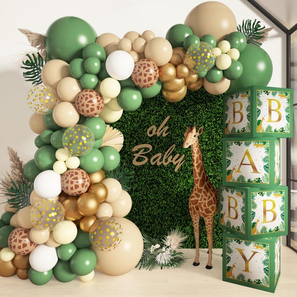 Jungle Safari Baby Shower Balloon Garland and Baby Boxes, Safari Themed Sage Green Animal Print Balloons, Wild One Birthday Decorations