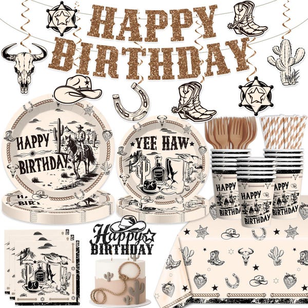 Western Birthday Tableware Set, Cowboy Western Theme Birthday Banner Plates, Napkins, Cups Tablecloth Disposable Dinnerware Serves 25