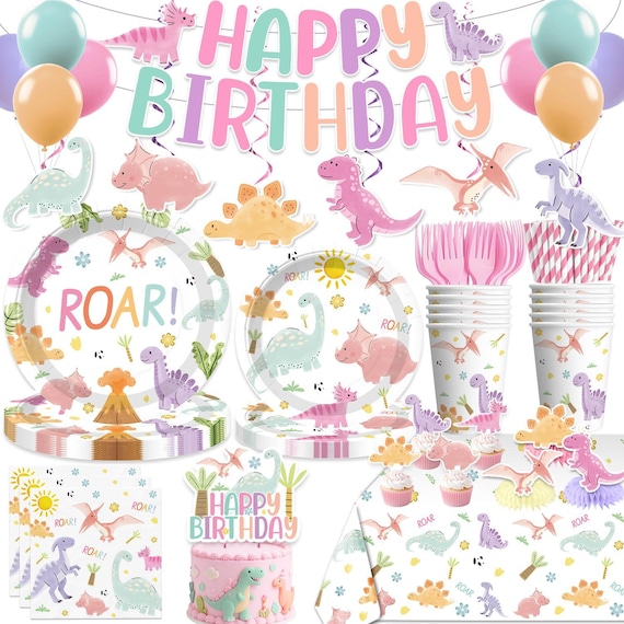 Pink Dinosaur Birthday Tableware Set, Girl Dinosaur Roar Birthday Banner Plates, Napkins, Cups Tablecloth Disposable Dinnerware Serves 25