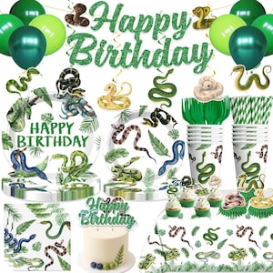 May include: A festive birthday party set with a snake theme. Includes plates, cups, napkins, balloons, and a cake with a "Happy Birthday" topper. The decorations feature various colorful snake illustrations and tropical leaves.