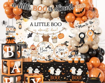 Halloween Baby Shower Decorations, Baby Box with Letters, A Little Boo Is Almost Due Backdrop, Orange Black Balloon Garland, Cake Topper
