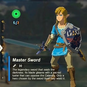 May include: A digital illustration of a character from a video game, holding a blue sword and shield. The character is wearing a blue tunic and brown boots. The text "Master Sword" is displayed with a description of the sword.