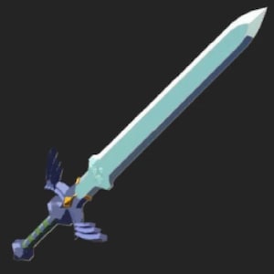 May include: A stylized sword with a light blue blade and a detailed hilt. The hilt features blue, gold, and green accents, with a wing-like design. The sword is set against a dark background.