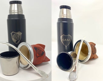 Matesmiami.Sets mate calabaza forrado con cuero vaqueta y termo con logos grabados + bombilla. Gourd mate,thermo engraved and straw
