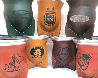 Mates Miami, Glass or Gourd mate, leather vaqueta lined, engraved  with logo