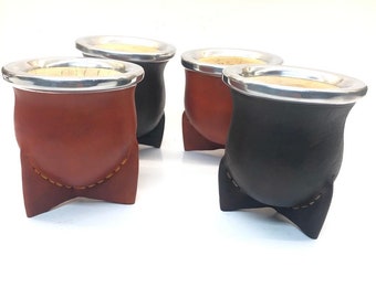 LARGE calabaza vaqueta  bocon Mate de cuero for yerba mate infused drink Leather Wrapped. Handmade Argentinian mate