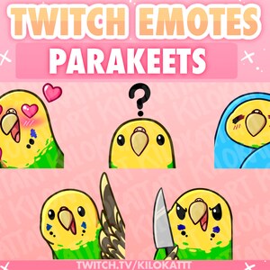 Puede incluir: Conjunto de seis emotes de Twitch con un periquito amarillo y verde con diferentes expresiones. Los emotes incluyen un periquito con corazones alrededor de su cabeza, un periquito con un signo de interrogación sobre su cabeza, un periquito envuelto en una manta azul, un periquito con las alas extendidas, un periquito sosteniendo un cuchillo y un periquito con los ojos cerrados.