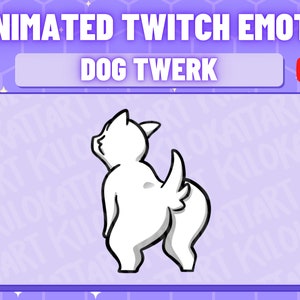 Puede incluir: Emoticono animado de Twitch con un perro blanco en pose de twerking. El texto "DOG TWERK" se muestra en un cuadro blanco. El fondo es de color púrpura claro con un patrón hexagonal. Los logotipos de Twitch y YouTube son visibles.