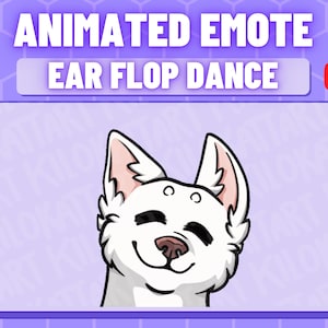 May include: Animated emote graphic featuring a white dog with floppy ears and a smiling expression. The text "EAR FLOP DANCE" is displayed, along with Twitch and YouTube icons. The background is a light purple with a hexagonal pattern.