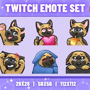Conjunto fofo de pastor alemão - Estilo peludo - Kawaii - Lobo - Twitch - Discord - Animal - Stream - Pronto para usar - Jogos - Cachorro - Conjunto de 6