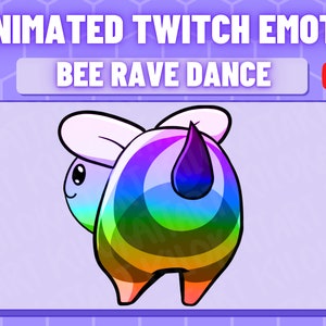 Könnte beinhalten: Animiertes Twitch-Emote einer Biene mit einem regenbogenfarbenen Körper, weißen Flügeln und einem schwarzen Stachel, die in einer Rave-artigen Bewegung tanzt. Das Emote ist vor einem violetten Hintergrund mit einem Wabenmuster platziert.