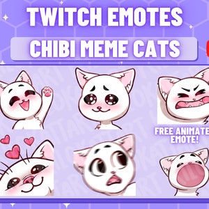 ¡Emotes de Twitch de Chibi Meme Cat + Emote animado GRATIS! - Conjunto de 5 - Pop Cat - Lindo - Kawaii - Divertido - Streaming - Emoji - Discord - Anime
